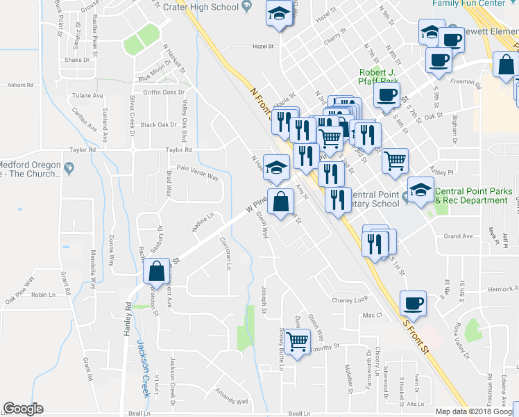map of restaurants, bars, coffee shops, grocery stores, and more near 241 West Pine Street in Central Point