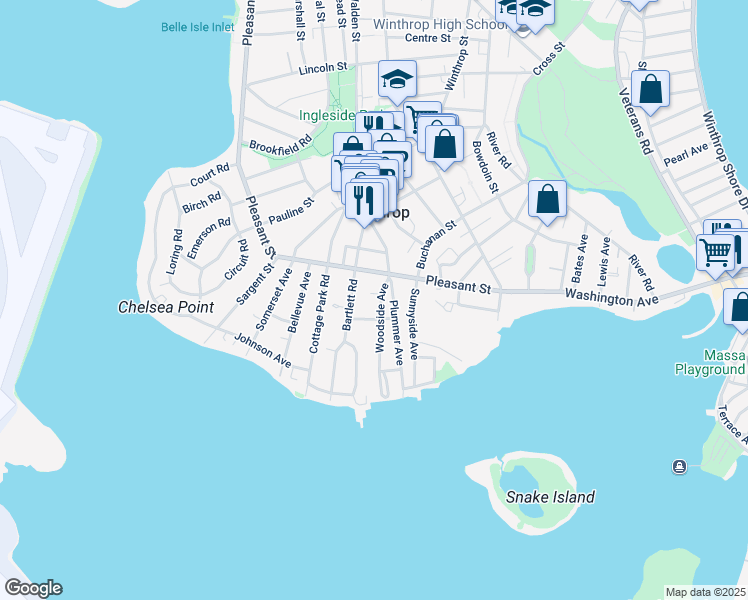 map of restaurants, bars, coffee shops, grocery stores, and more near 154 Woodside Avenue in Winthrop
