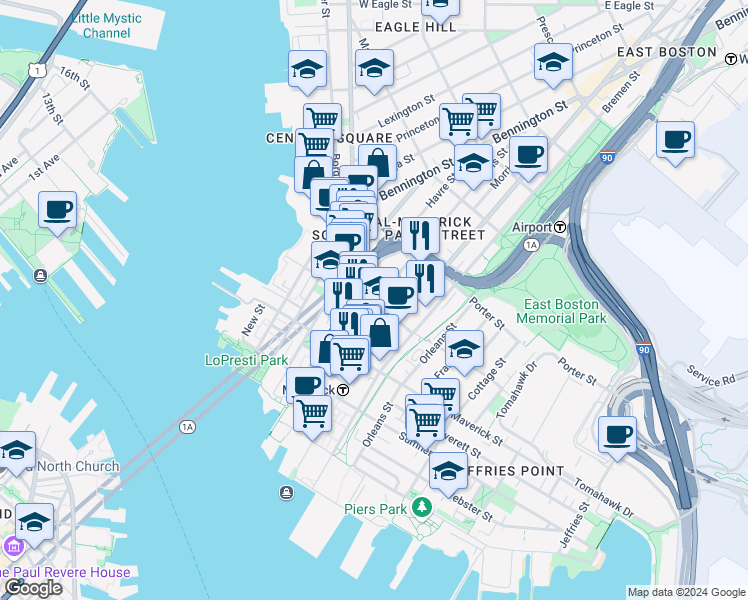 map of restaurants, bars, coffee shops, grocery stores, and more near 86 Paris Street in Boston