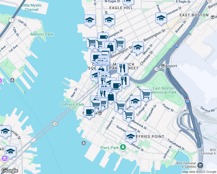 map of restaurants, bars, coffee shops, grocery stores, and more near 86 Paris Street in Boston