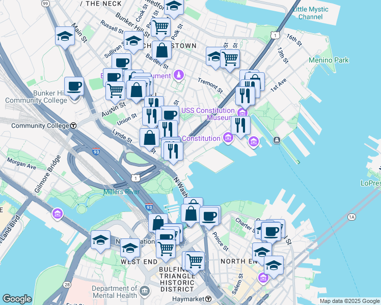 map of restaurants, bars, coffee shops, grocery stores, and more near 62 Constitution Road in Boston
