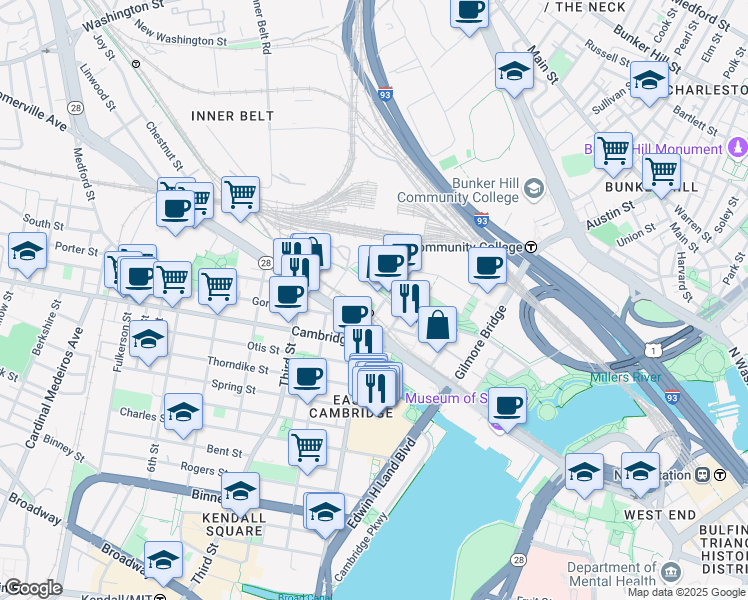 map of restaurants, bars, coffee shops, grocery stores, and more near 24 East Street in Cambridge