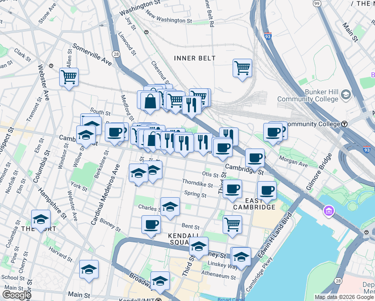 map of restaurants, bars, coffee shops, grocery stores, and more near in Cambridge