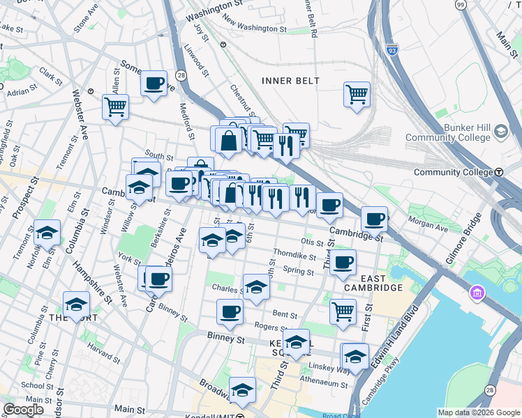 map of restaurants, bars, coffee shops, grocery stores, and more near 9 6th Street in Cambridge