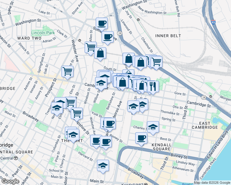 map of restaurants, bars, coffee shops, grocery stores, and more near 746 Cambridge Street in Cambridge