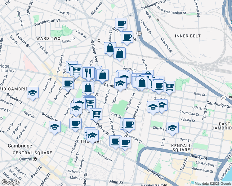 map of restaurants, bars, coffee shops, grocery stores, and more near 3 Palermo Street in Cambridge