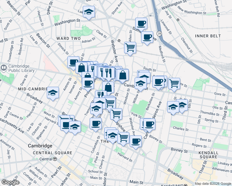 map of restaurants, bars, coffee shops, grocery stores, and more near 361 Columbia Street in Cambridge