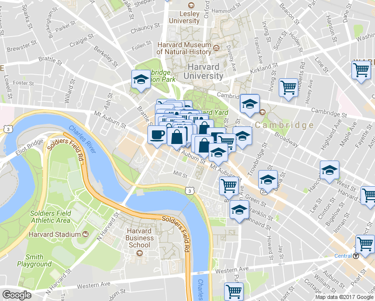 map of restaurants, bars, coffee shops, grocery stores, and more near 65 Mount Auburn Street in Cambridge