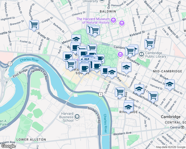 map of restaurants, bars, coffee shops, grocery stores, and more near 46 Dunster Street in Cambridge