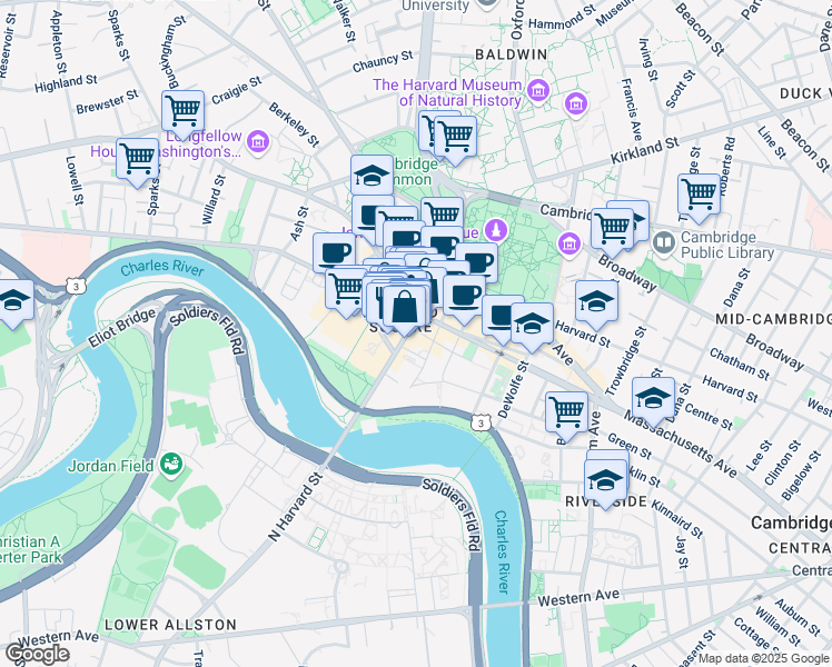 map of restaurants, bars, coffee shops, grocery stores, and more near 59 John F. Kennedy Street in Cambridge