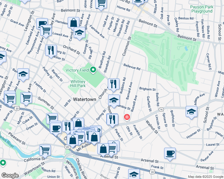 map of restaurants, bars, coffee shops, grocery stores, and more near 165 Church Street in Watertown