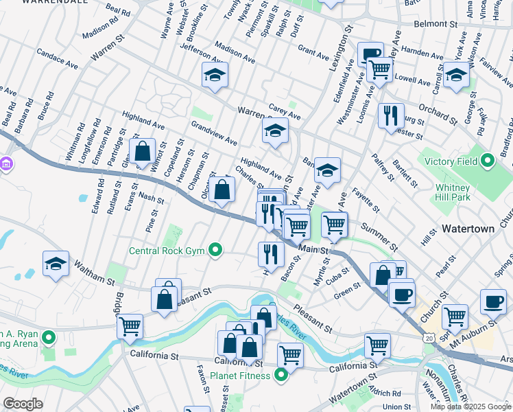 map of restaurants, bars, coffee shops, grocery stores, and more near 20 Olney Street in Watertown