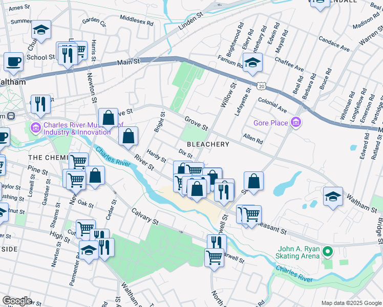 map of restaurants, bars, coffee shops, grocery stores, and more near 151 Willow Street in Waltham