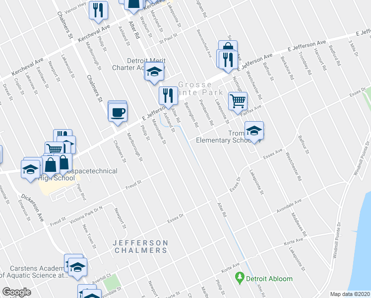 map of restaurants, bars, coffee shops, grocery stores, and more near 732 Ashland Street in Detroit