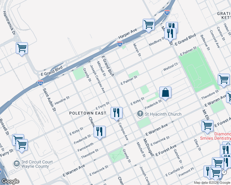 map of restaurants, bars, coffee shops, grocery stores, and more near 5550 Mitchell Street in Detroit