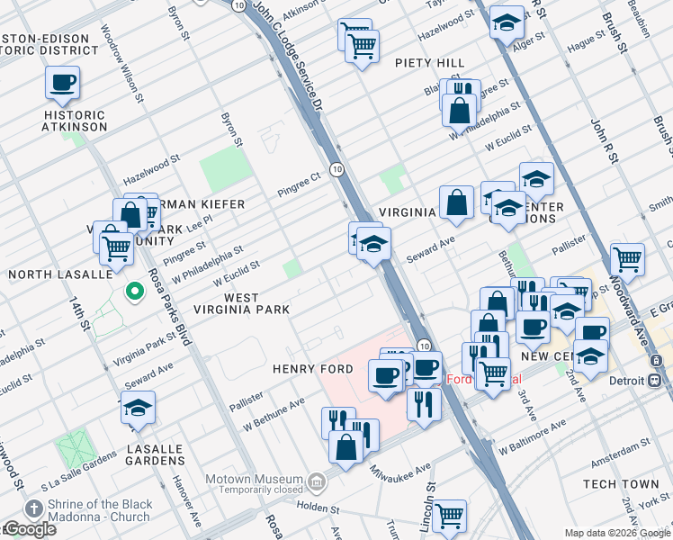 map of restaurants, bars, coffee shops, grocery stores, and more near 1209 Virginia Park Street in Detroit