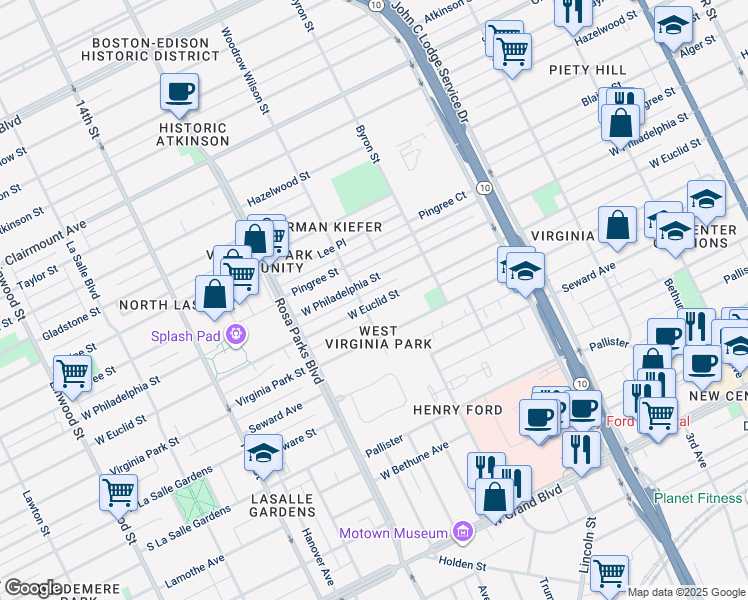 map of restaurants, bars, coffee shops, grocery stores, and more near 1560 West Euclid Street in Detroit