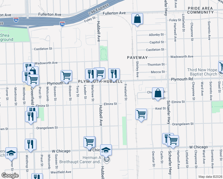 map of restaurants, bars, coffee shops, grocery stores, and more near 11407 Mark Twain Street in Detroit