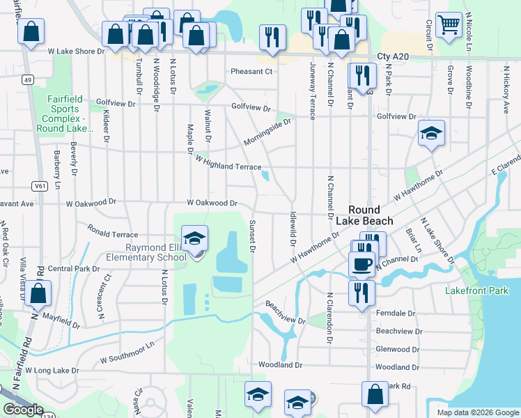 map of restaurants, bars, coffee shops, grocery stores, and more near 526 Oakwood Drive in Round Lake Beach