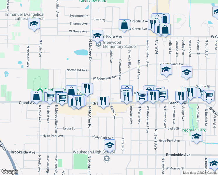 map of restaurants, bars, coffee shops, grocery stores, and more near 818 Leith Avenue in Waukegan