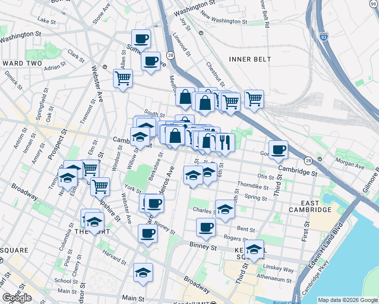 map of restaurants, bars, coffee shops, grocery stores, and more near 723 Cambridge Street in Cambridge