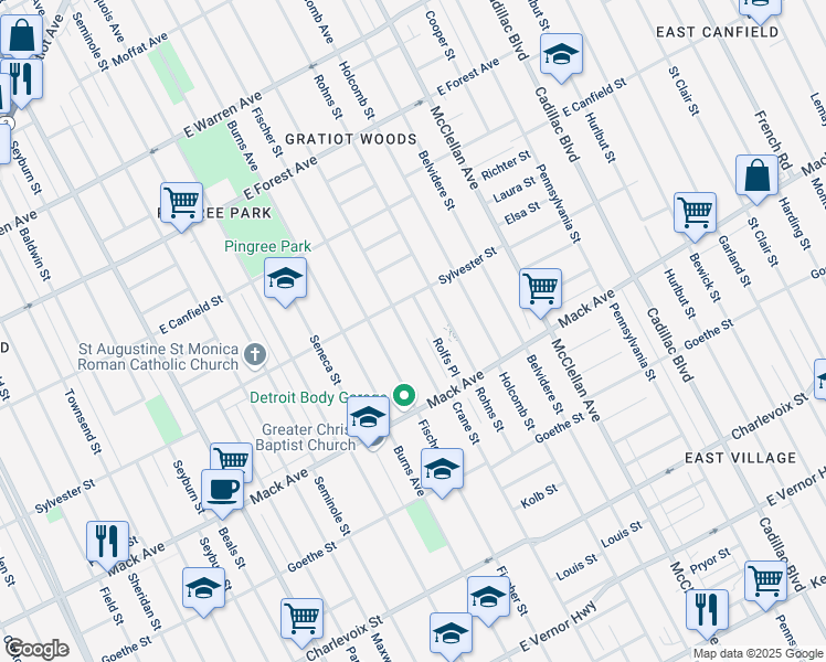 map of restaurants, bars, coffee shops, grocery stores, and more near 3842 Crane Street in Detroit