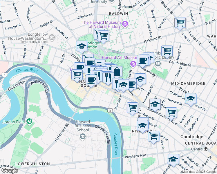 map of restaurants, bars, coffee shops, grocery stores, and more near 65 Mount Auburn Street in Cambridge