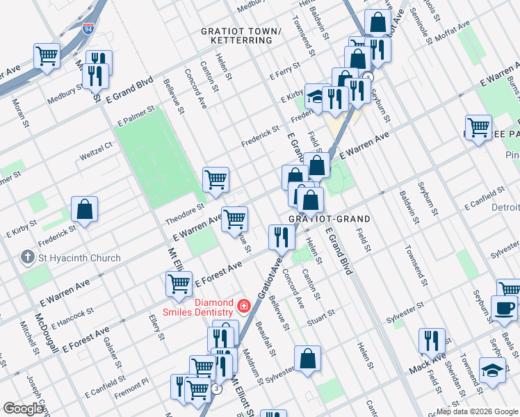 map of restaurants, bars, coffee shops, grocery stores, and more near 4826 Concord Avenue in Detroit