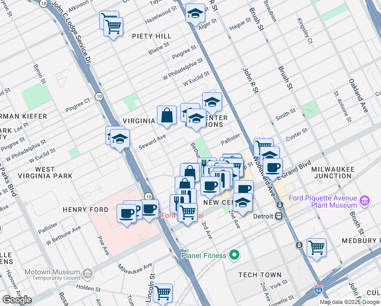 map of restaurants, bars, coffee shops, grocery stores, and more near 707 Delaware Street in Detroit