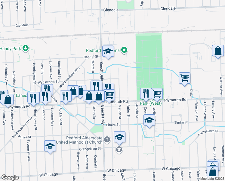 map of restaurants, bars, coffee shops, grocery stores, and more near 11680 Royal Grand in Redford Charter Township