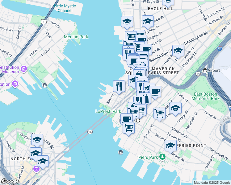 map of restaurants, bars, coffee shops, grocery stores, and more near 60 Border Street in Boston