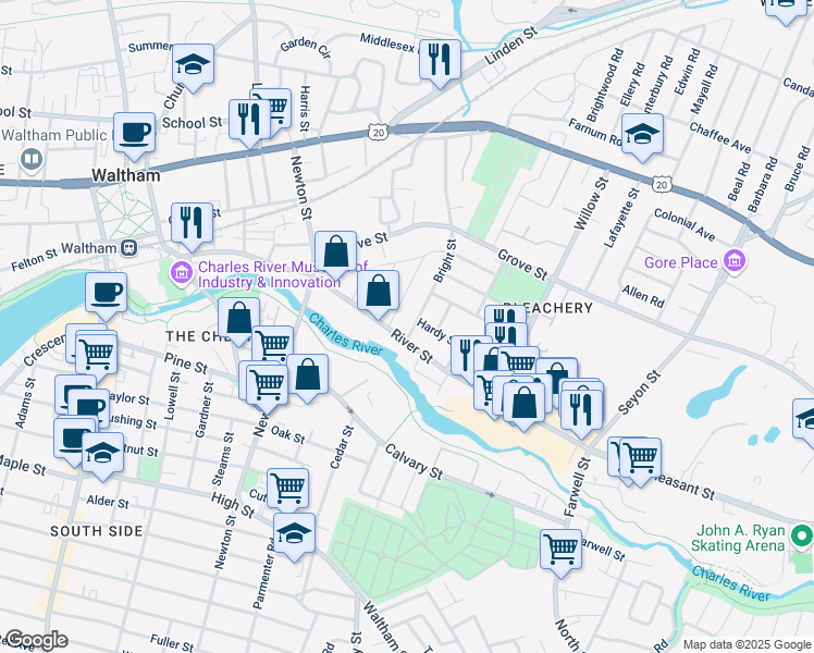 map of restaurants, bars, coffee shops, grocery stores, and more near 163 Bright Street in Waltham