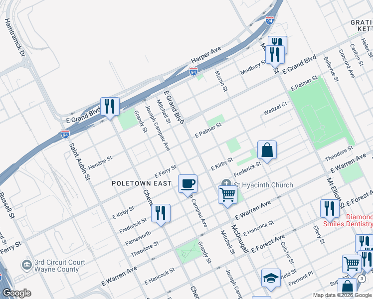 map of restaurants, bars, coffee shops, grocery stores, and more near 5550 Mitchell Street in Detroit