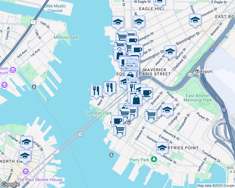 map of restaurants, bars, coffee shops, grocery stores, and more near 84 Liverpool Street in Boston