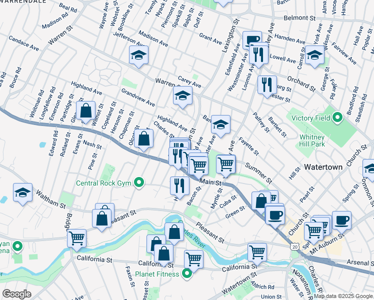 map of restaurants, bars, coffee shops, grocery stores, and more near 75 Lexington Street in Watertown