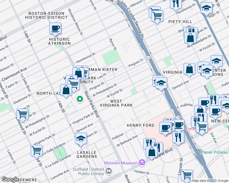 map of restaurants, bars, coffee shops, grocery stores, and more near 1560 West Euclid Street in Detroit