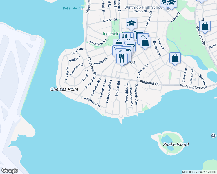 map of restaurants, bars, coffee shops, grocery stores, and more near 141 Cottage Park Road in Winthrop