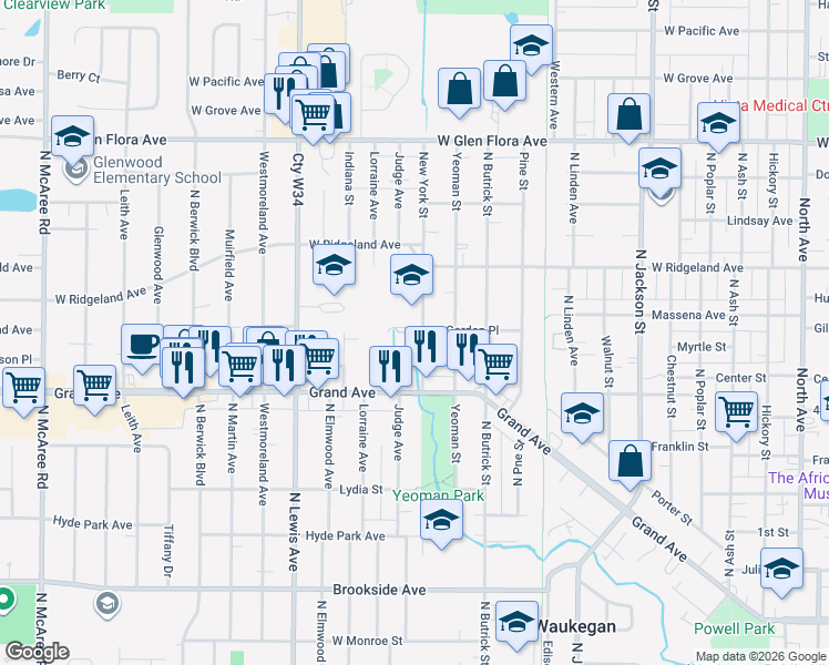 map of restaurants, bars, coffee shops, grocery stores, and more near 830 New York Street in Waukegan