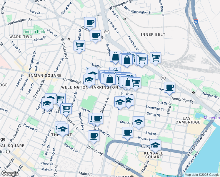 map of restaurants, bars, coffee shops, grocery stores, and more near 723 Cambridge Street in Cambridge