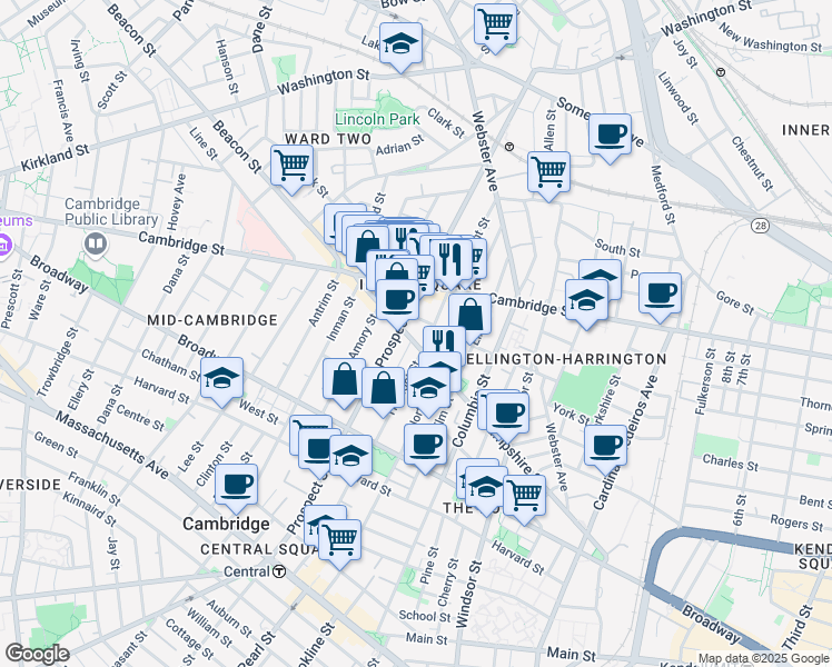 map of restaurants, bars, coffee shops, grocery stores, and more near 171 Hampshire Street in Cambridge