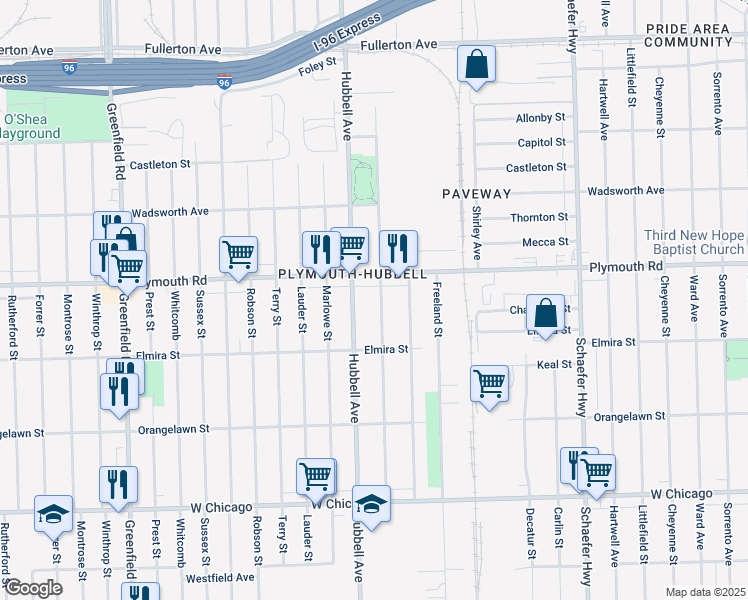 map of restaurants, bars, coffee shops, grocery stores, and more near 11407 Strathmoor Street in Detroit