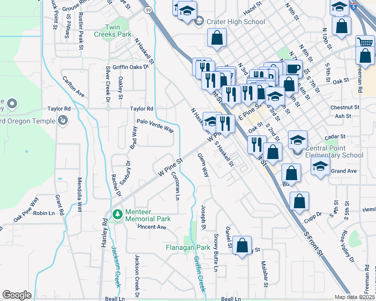 map of restaurants, bars, coffee shops, grocery stores, and more near 310 West Pine Street in Central Point