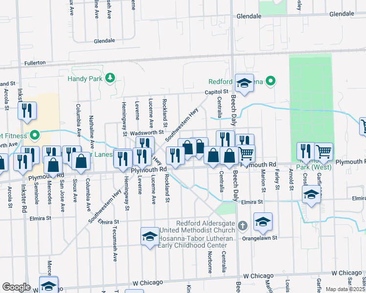 map of restaurants, bars, coffee shops, grocery stores, and more near 11692 Kinloch in Redford Charter Township