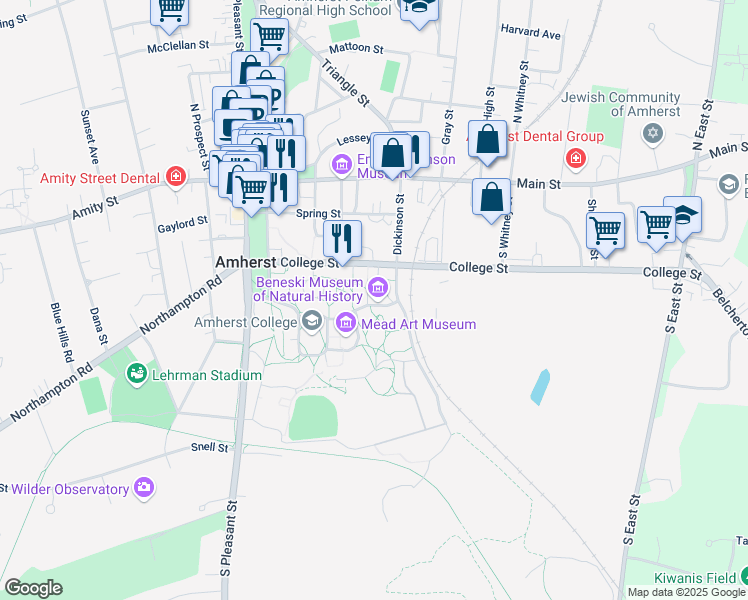 map of restaurants, bars, coffee shops, grocery stores, and more near 81 Dickinson St in Amherst