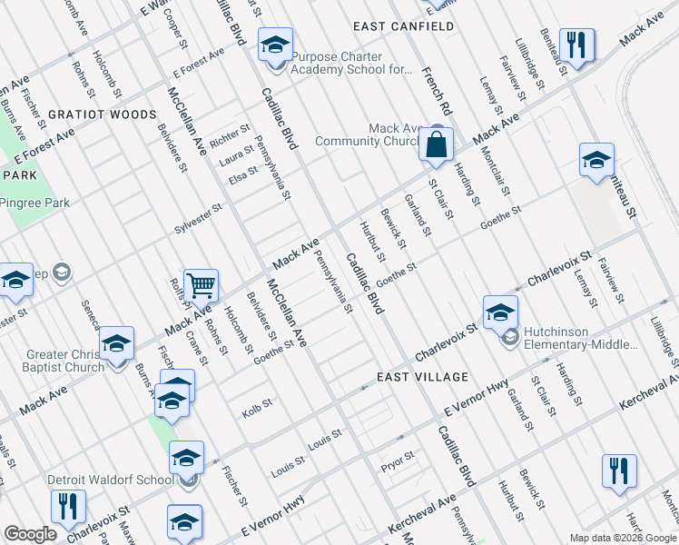 map of restaurants, bars, coffee shops, grocery stores, and more near 3474 Pennsylvania Street in Detroit