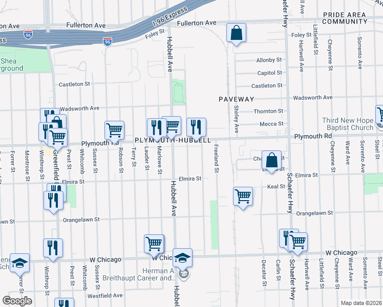 map of restaurants, bars, coffee shops, grocery stores, and more near 11407 Mark Twain Street in Detroit