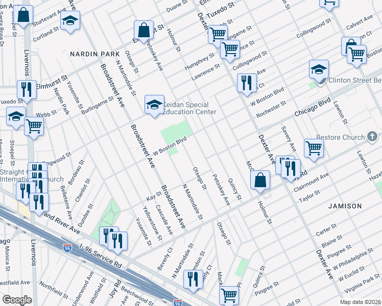 map of restaurants, bars, coffee shops, grocery stores, and more near 9712 Otsego Street in Detroit