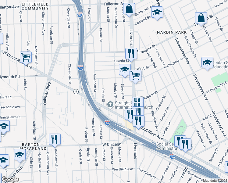 map of restaurants, bars, coffee shops, grocery stores, and more near 10155 Monica Street in Detroit
