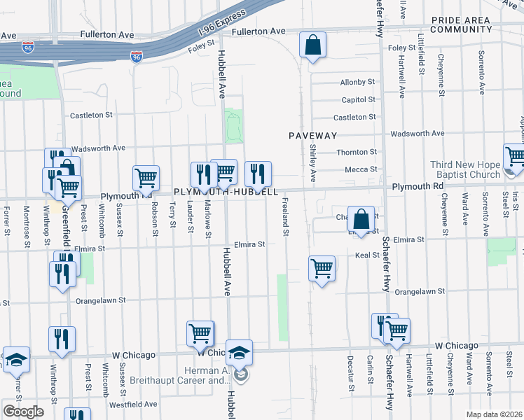 map of restaurants, bars, coffee shops, grocery stores, and more near 11407 Mark Twain Street in Detroit