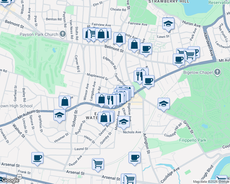 map of restaurants, bars, coffee shops, grocery stores, and more near 3 Clayton Street in Watertown
